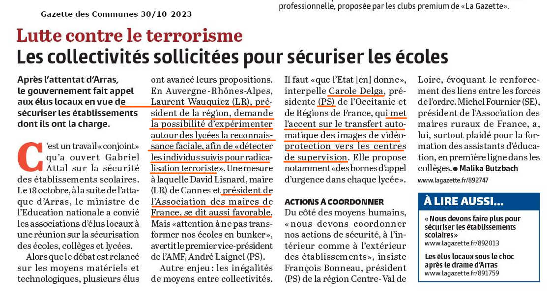 La Gazette 30-10-23 reconnaissance faciale devant Lycées.png